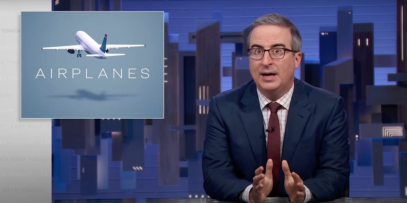John Oliver holding his hands in front of him next to a sign that says airplanes on Last Week Tonight