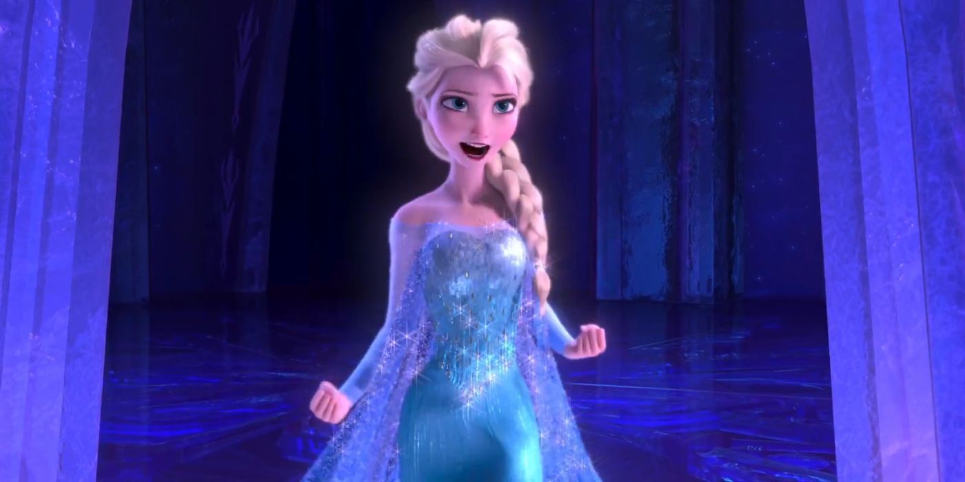 Elsa sings "let it go" in her palace of ice
