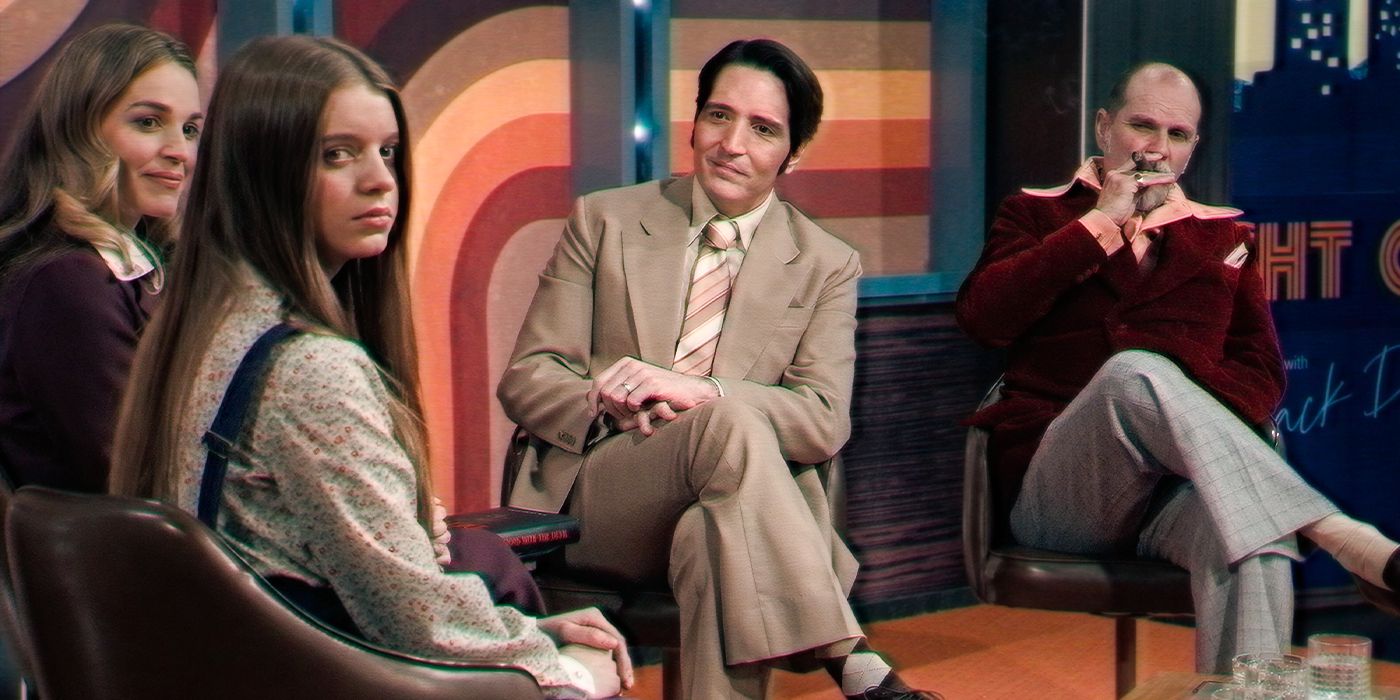 Ingrid Torelli as Lilly D'Abo, Laura Gordon as June Ross-Mitchell, David Dastmalchian as Jack Delroy, and Ian Bliss as Carmichael Haig in Late Night with the Devil. 