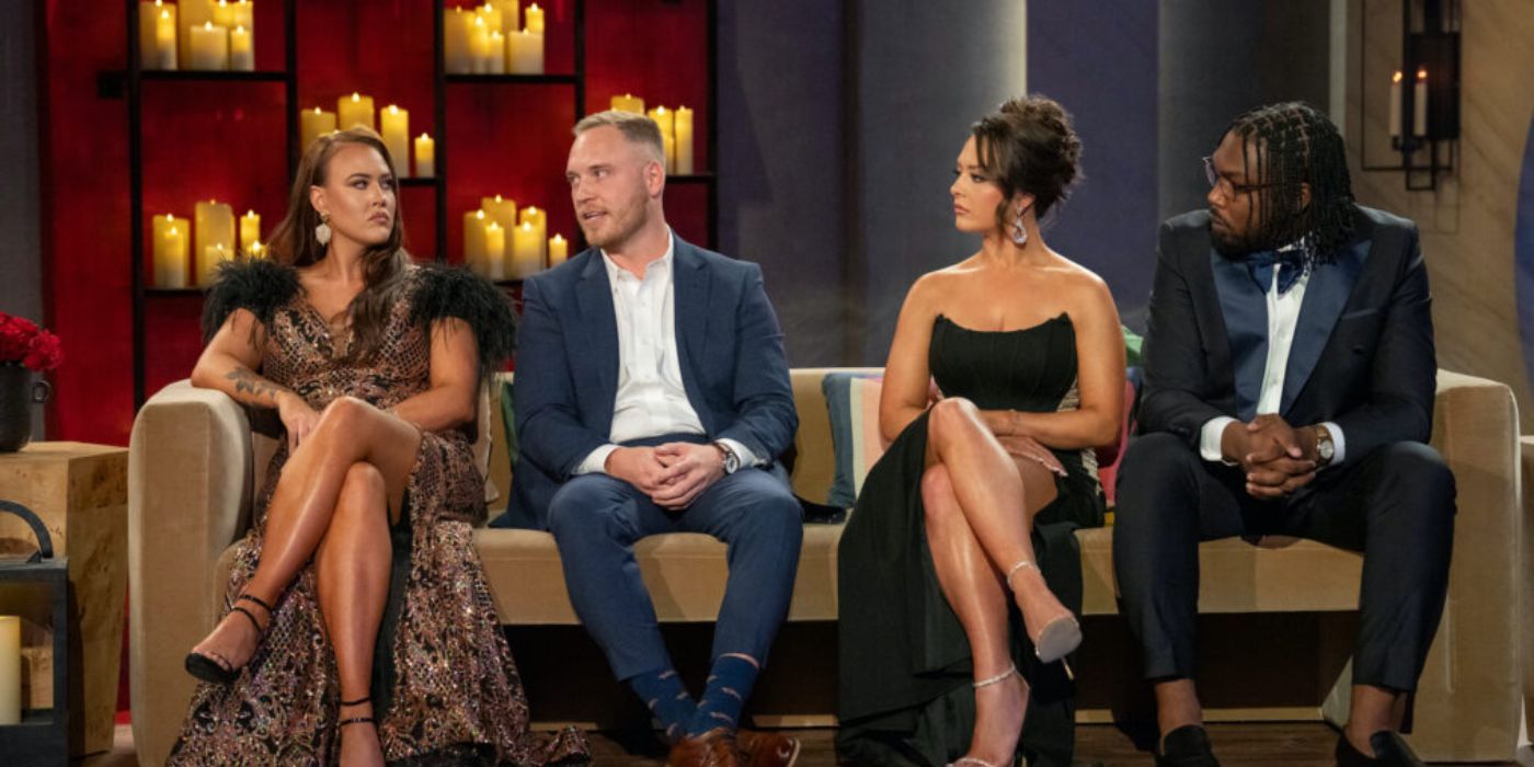 Chelsea, Jimmy, Brittany and Kenneth seated at the Love is Blind season 6 reunion.