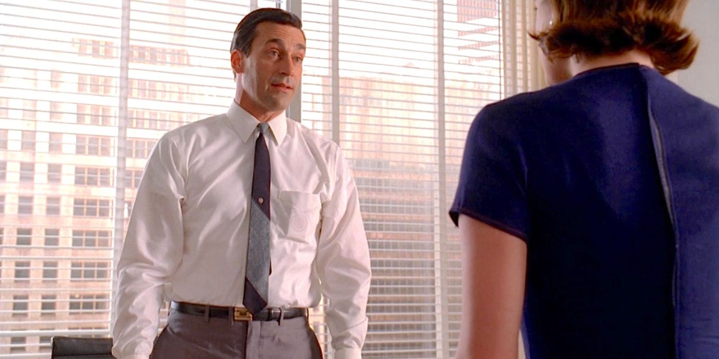 Don Draper (Jon Hamm) stands in his officer talking to Peggy Olson (Elizabeth Moss).