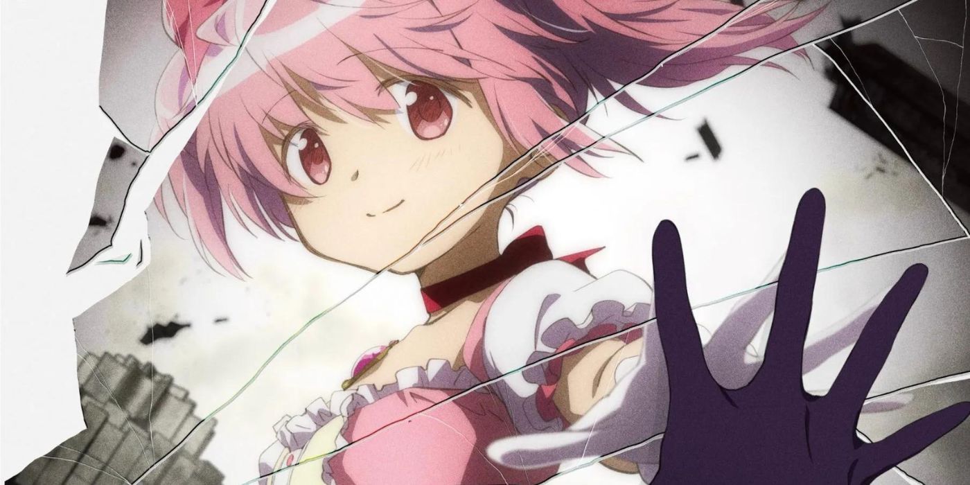 Madoka in front of shatted glass from Puella Magi Madoka Magica.