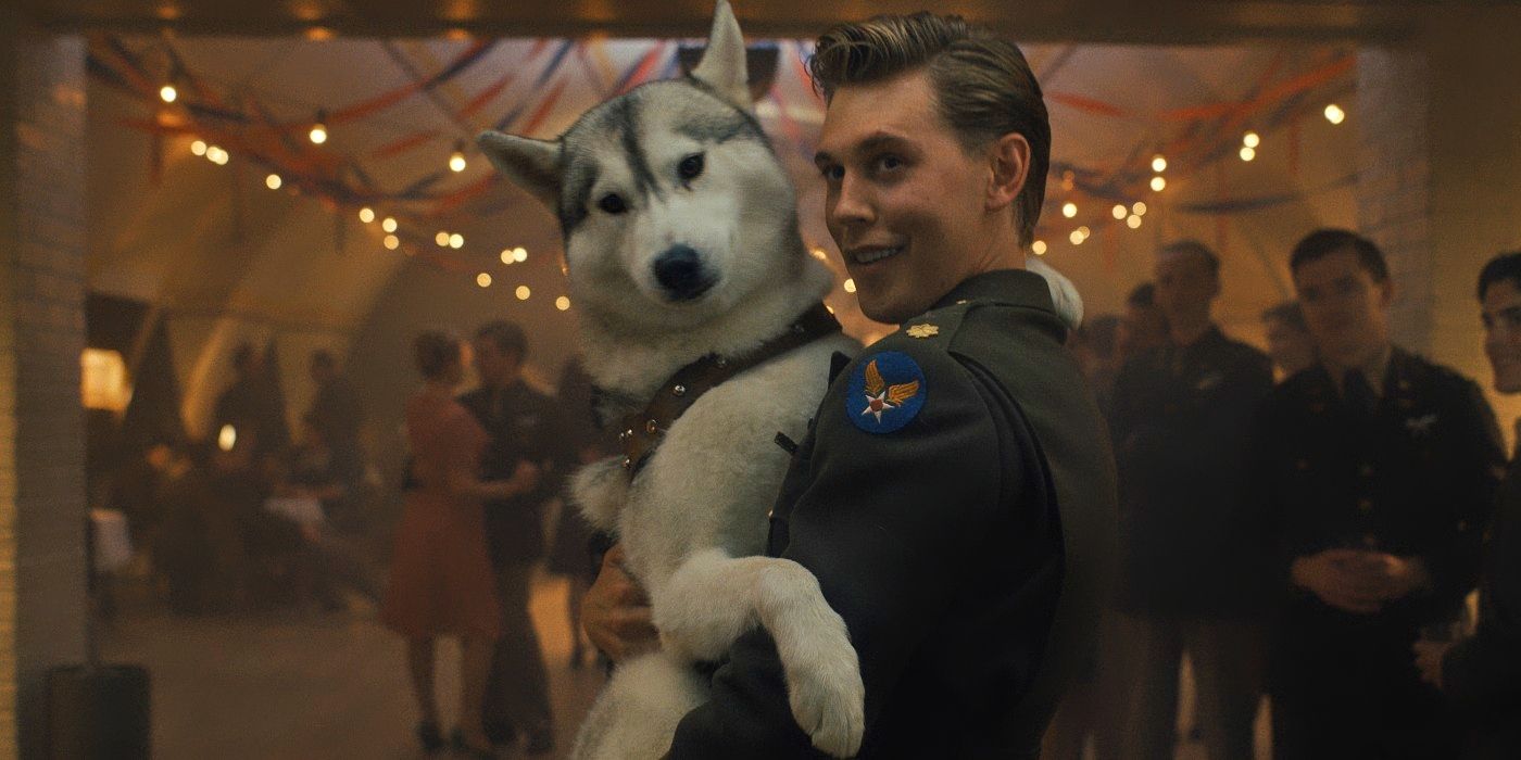 Austin Butler dancing with a dog in Masters of the Air Episode 4