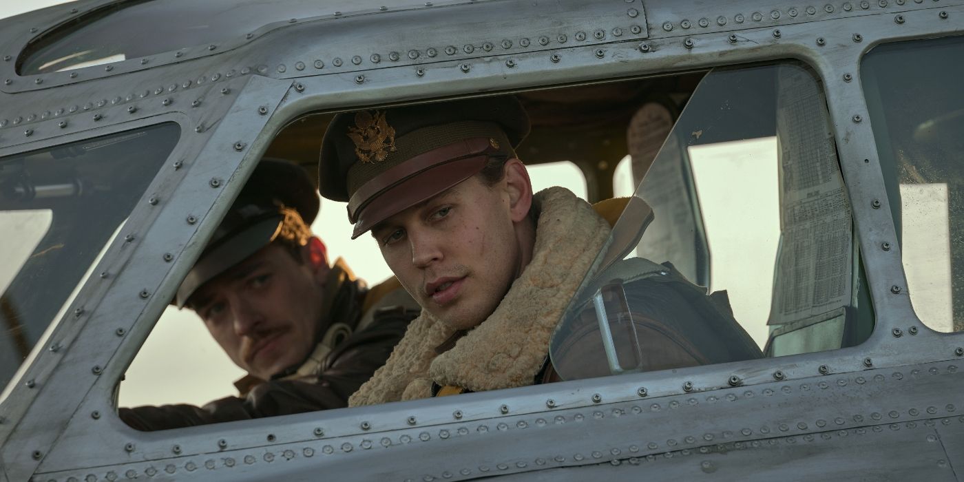 Austin Butler and Nate Mann looking out the window of a place in Episode 9 of Masters of the Air