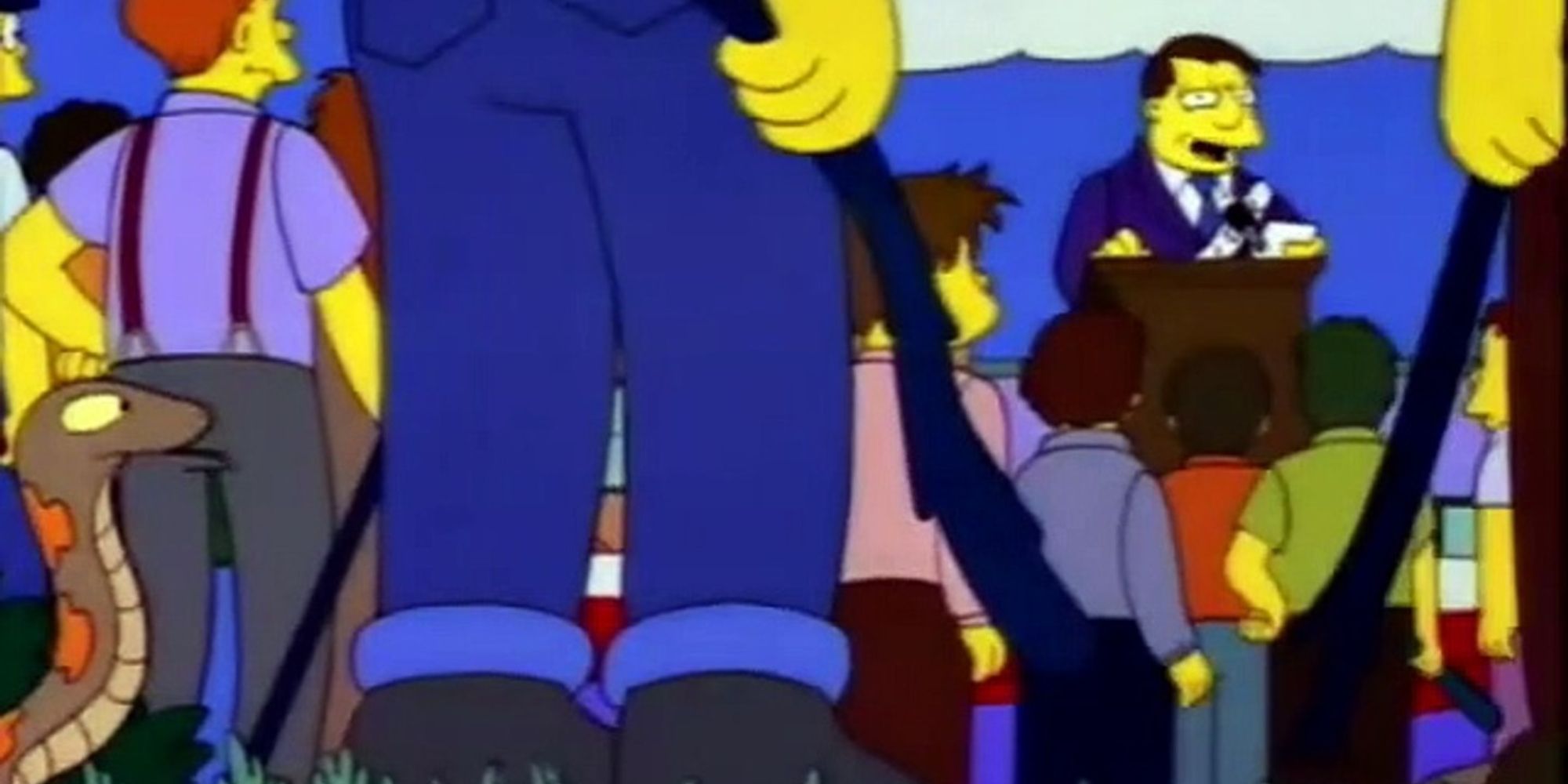 Mayor Quimby and a crowd from The Simpsons Whacking Day