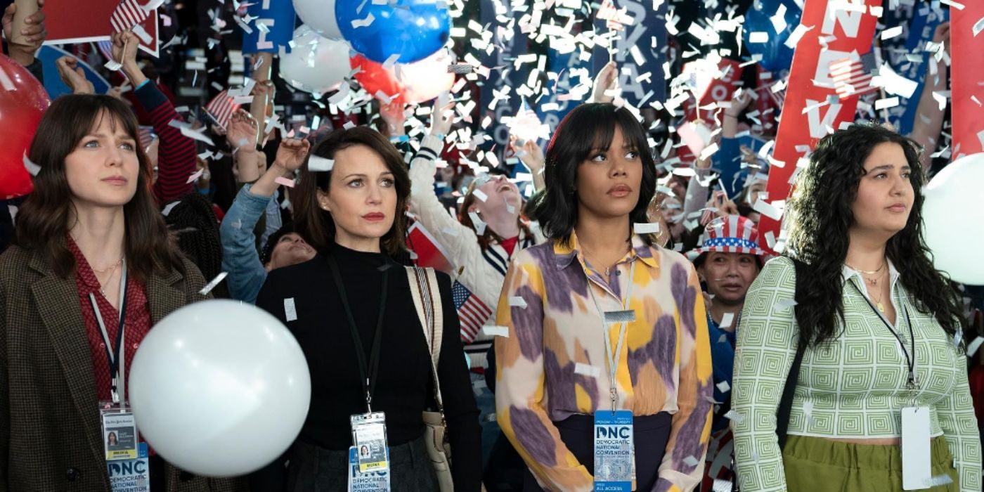 Melissa Benoist, Carla Gugino, Natasha Behnam, and Christina Elmore looking up while confetti and balloons are thrown in the air in scene of 'The Girls on the Bus'