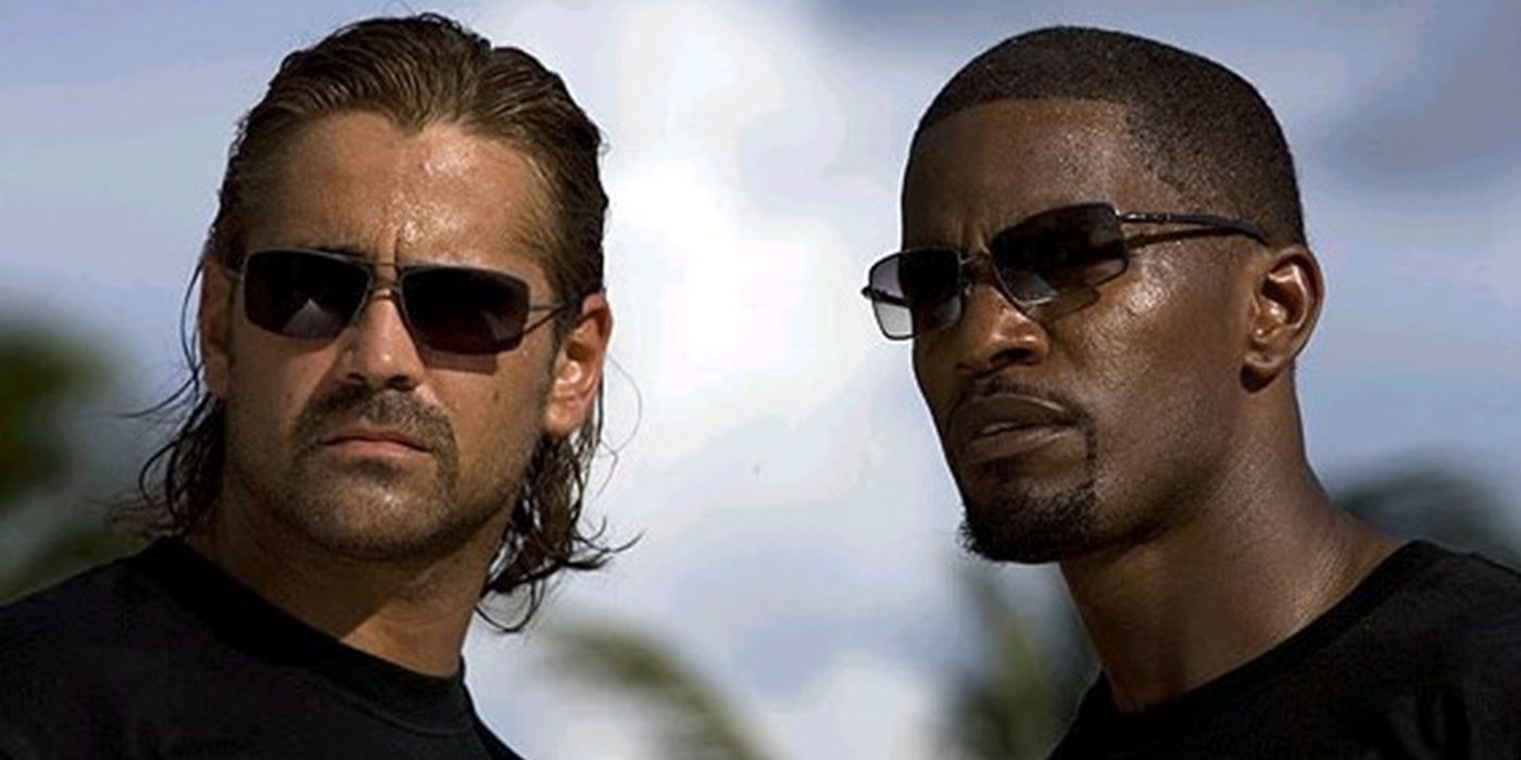 Colin Farrell as Sonny Crockett and Jamie Foxx as Rico Tubbs standing together in Miami Vice