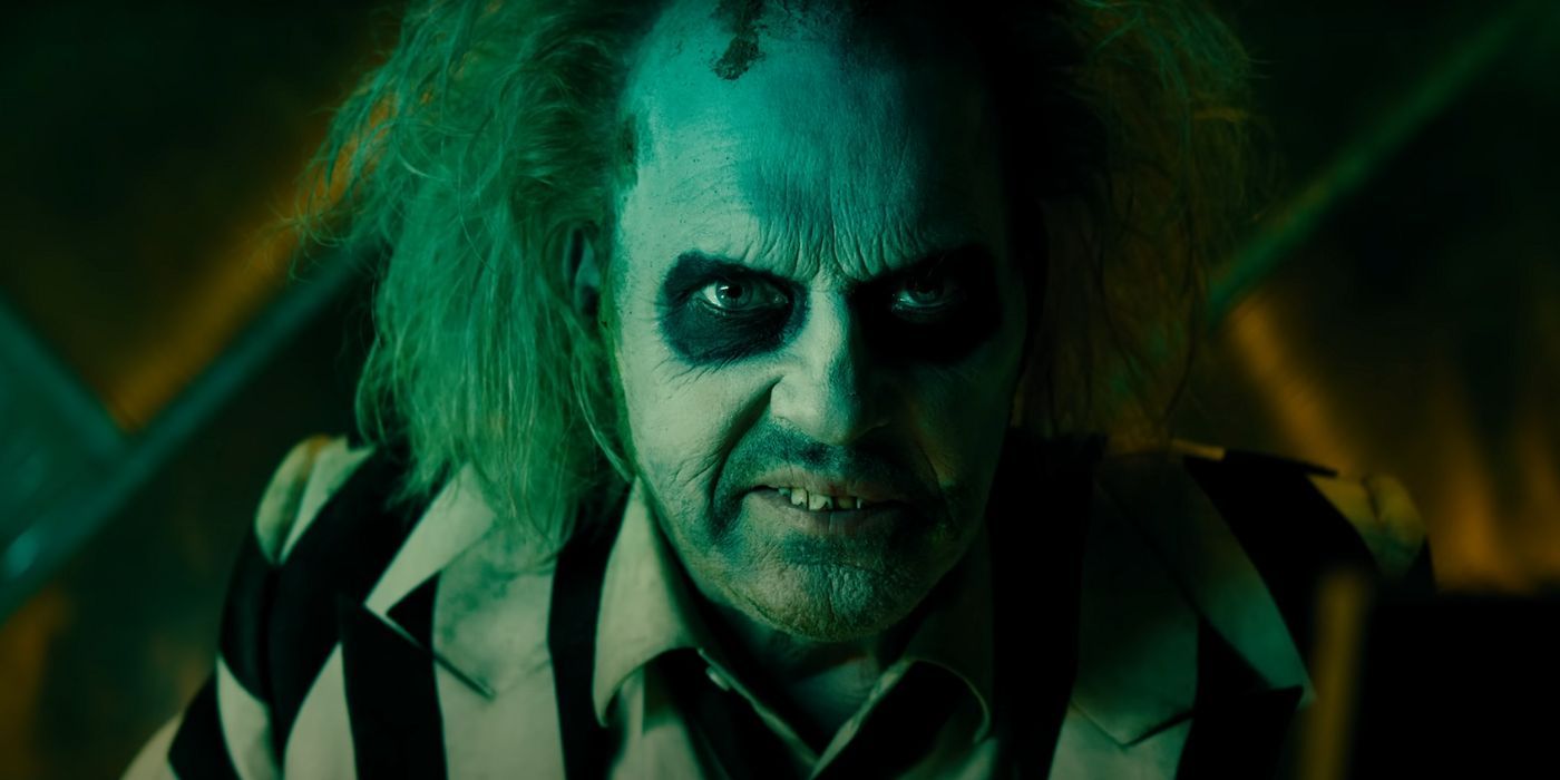 A closeup of Michael Keaton as the title character in Beetlejuice Beetlejuice.