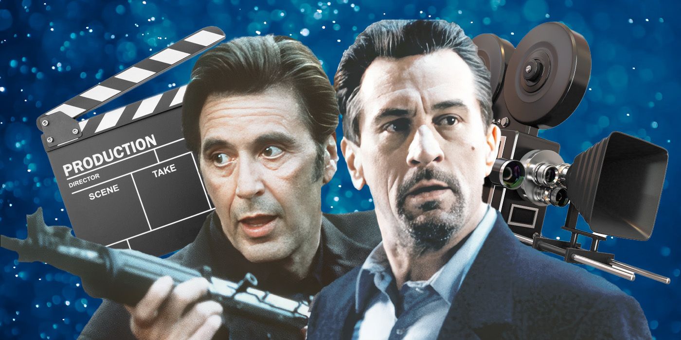 Al Pacino as Vincent Hanna & Robert De Niro as Neil McCauley from Heat against a blue background with a camera