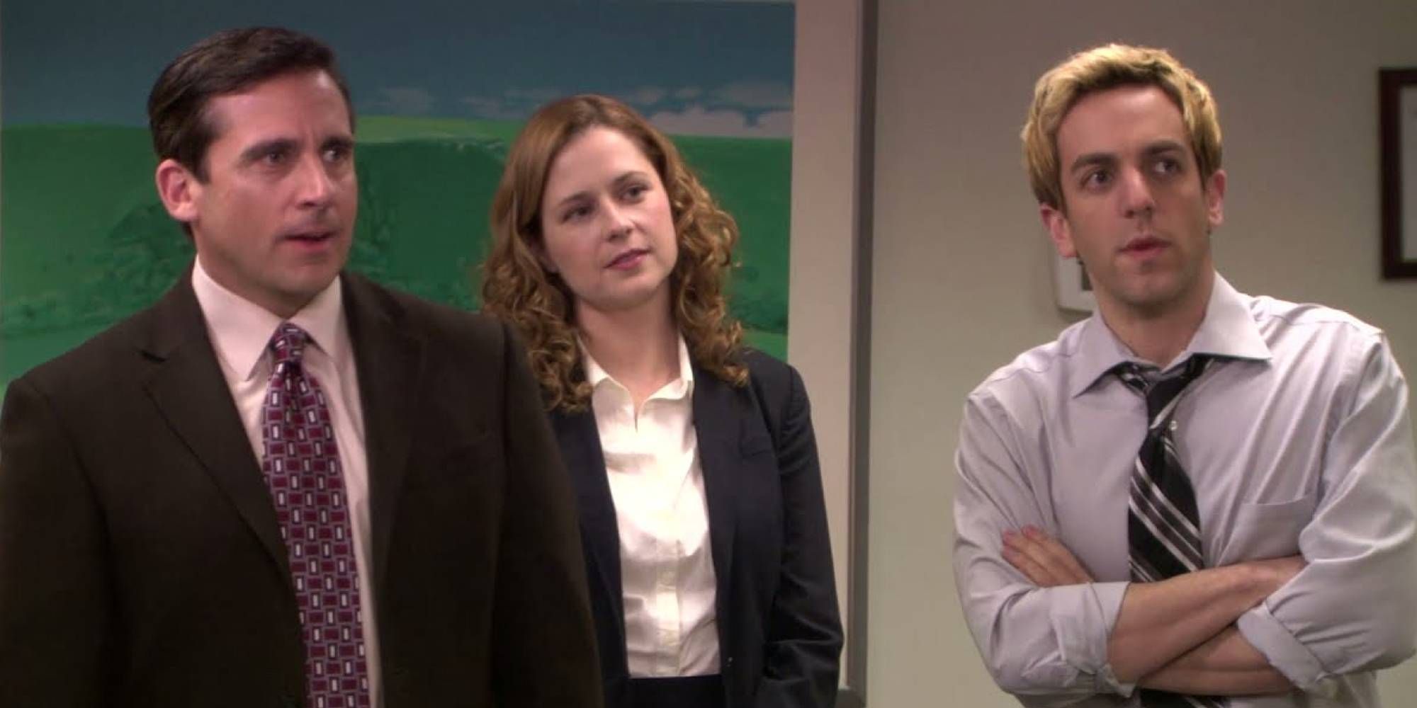 Michael Scott, Pam, and Ryan standing together in The Office