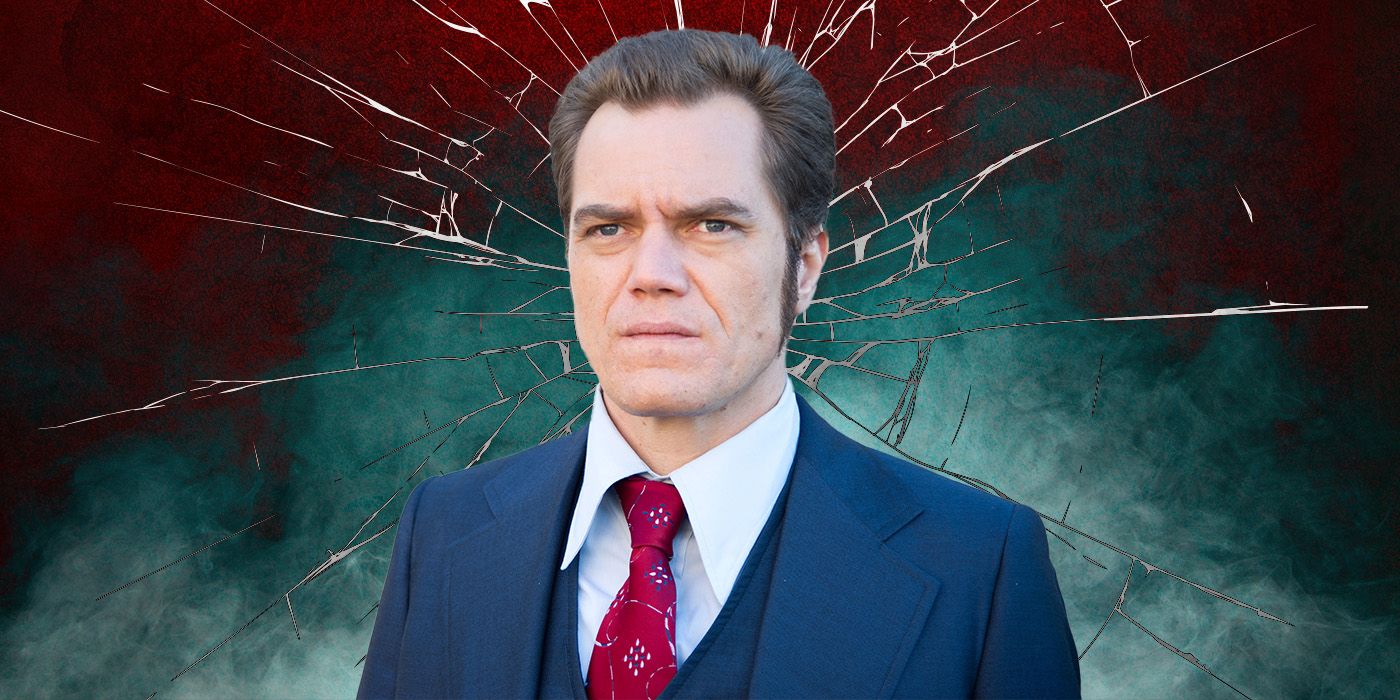 Michael Shannon as Richard Kuklinski from The Iceman against bloody background with shattered glass