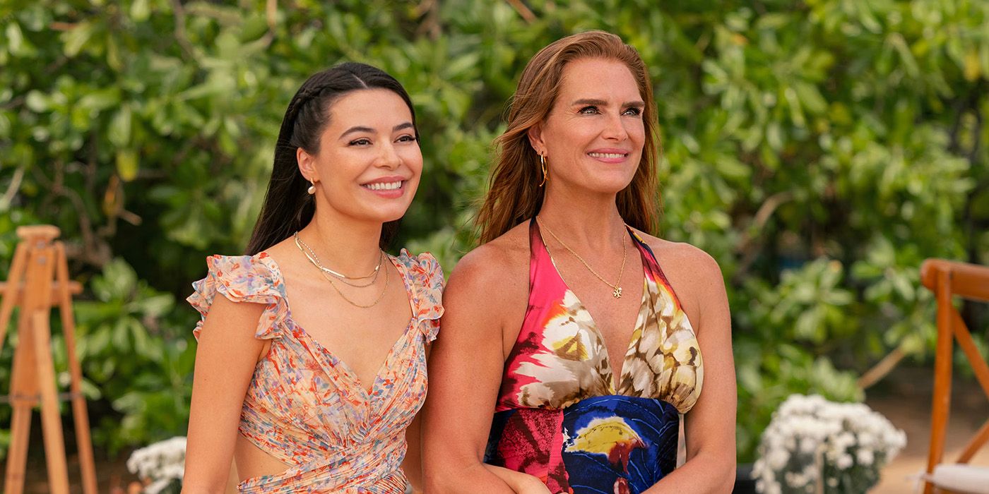 Brooke Shields and Miranda Cosgrove wearing sun dresses outside in Mother of the Bride
