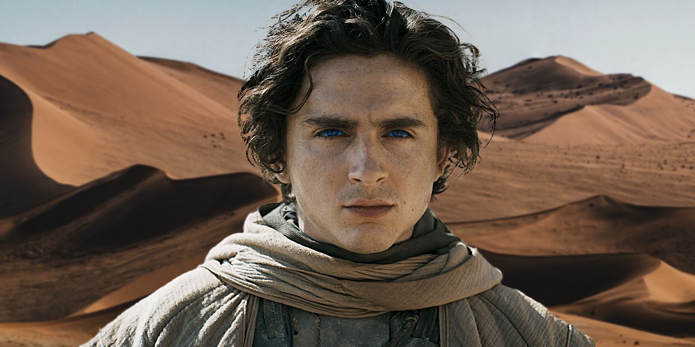 Blended image showing Timothée Chalamet in Dune and a desert in the background.