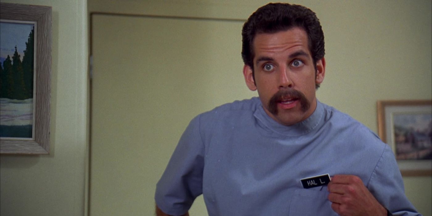 Ben Stiller as Hal L. in 'Happy Gilmore' holding up his nametag arrogantly