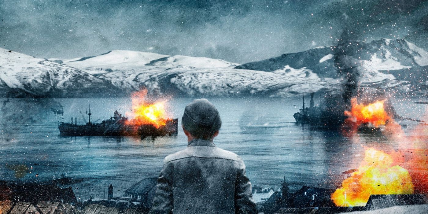 Promotional image for 'Narvik' showing a boy watching ships on fire in a snowy lake