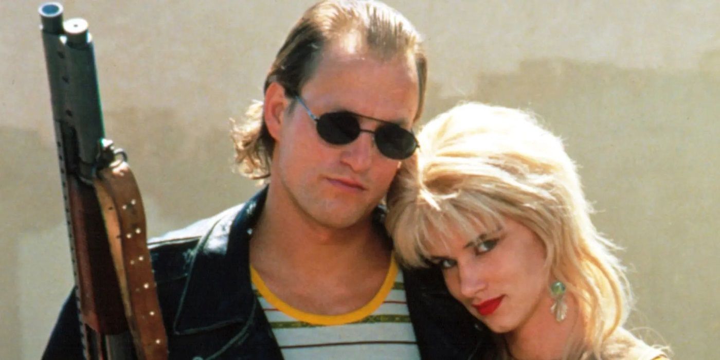 Juliette Lewis as Mallory leaning on Woody Harrelson as Mickey in a promo for Natural Born Killers