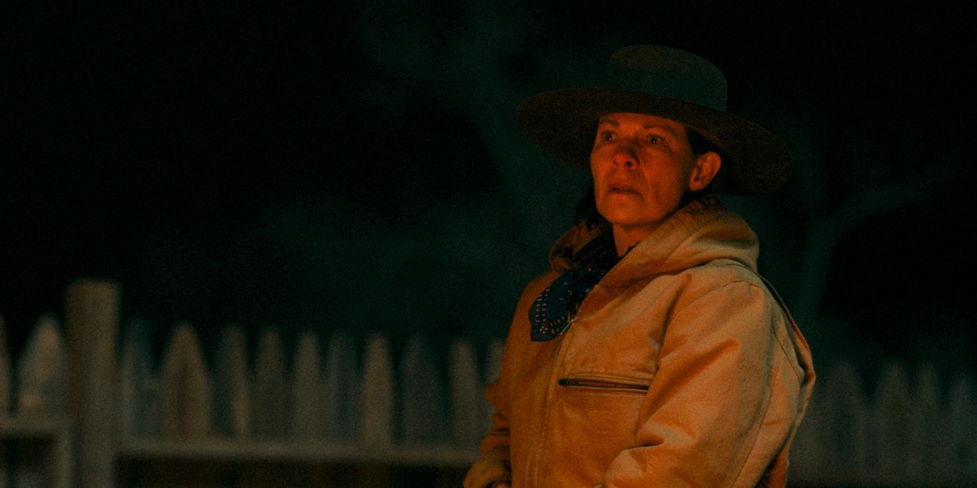 Lili Taylor wearing a cowboy hat and looking concerned in Outer Range.