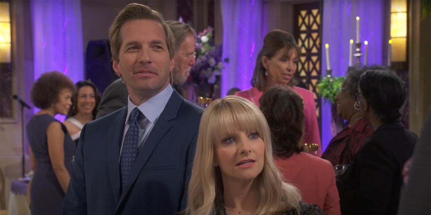 Melissa Rauch and Ryan Hansen looking perplexed at a wedding in Night Court