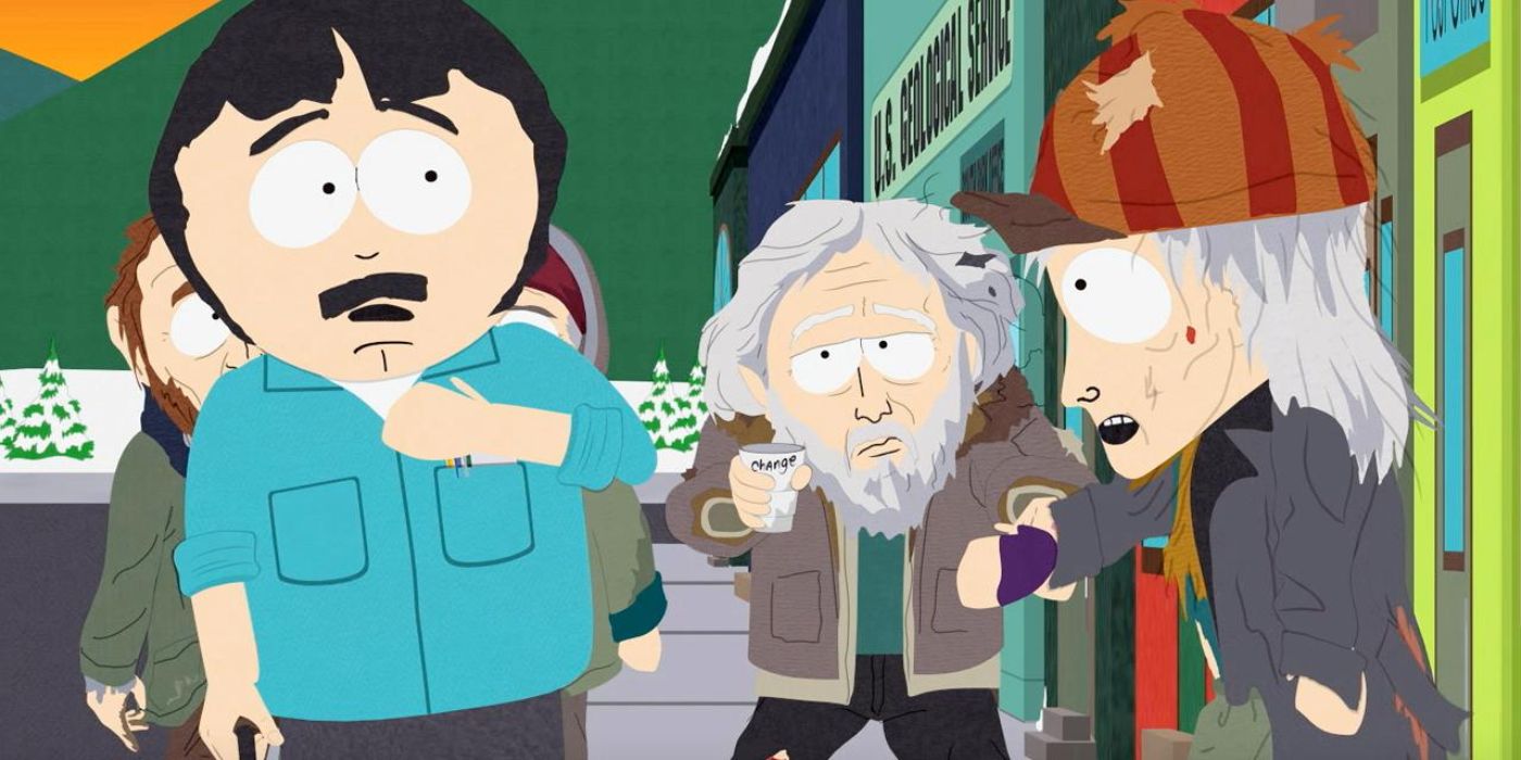 Randy Marsh is confronted on the street by several homeless people in 'South Park' Season 11, Episode 7 "Night of the Living Homeless" (2007)