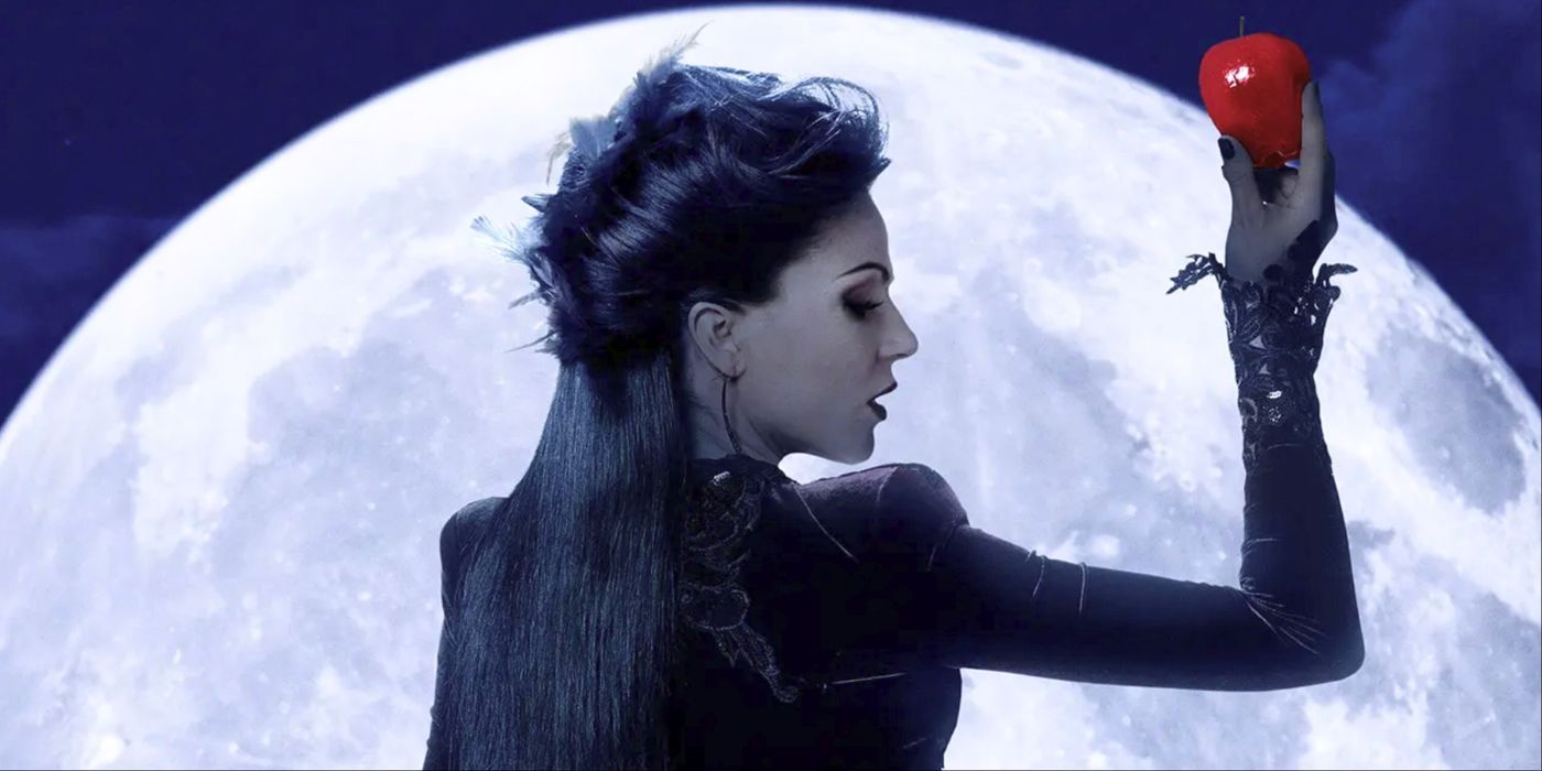 Regina/The Evil Queen holding up an apple in front of the moon in Once Upon a Time