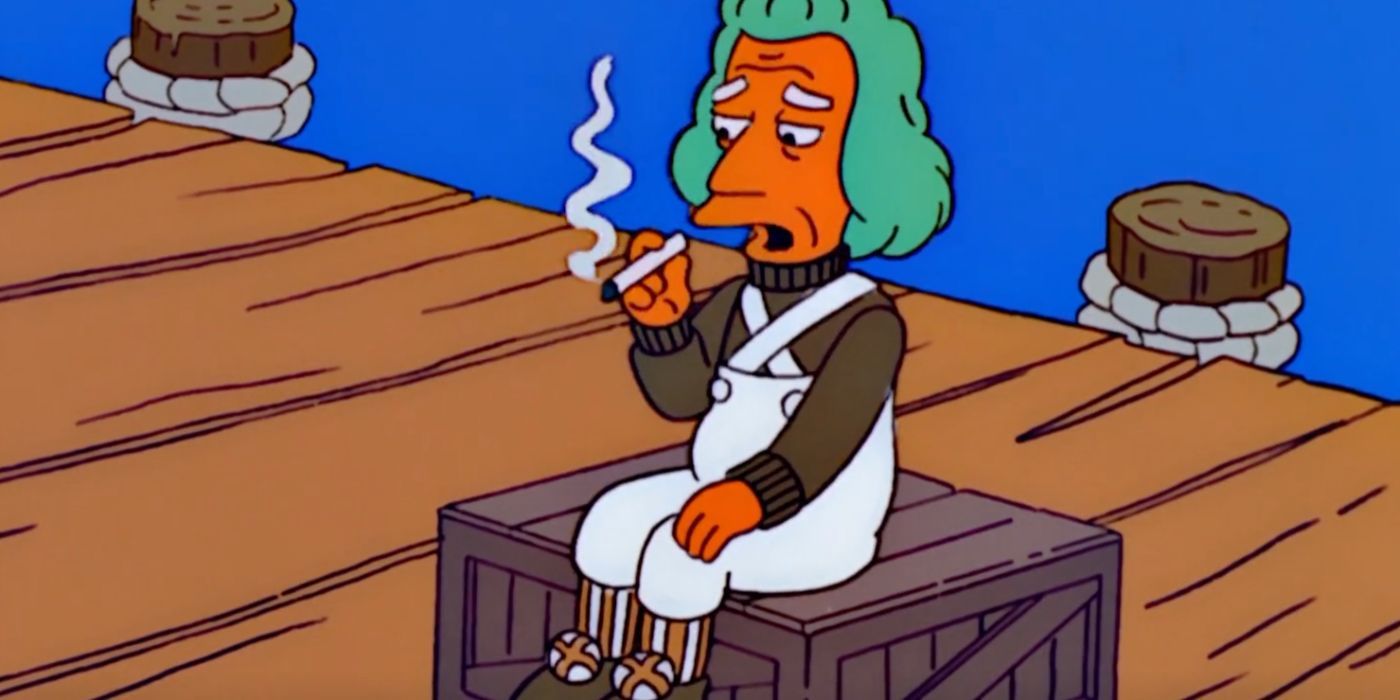 A sad Oompa Loompa smoking a cigarette seen on The Simpsons. 