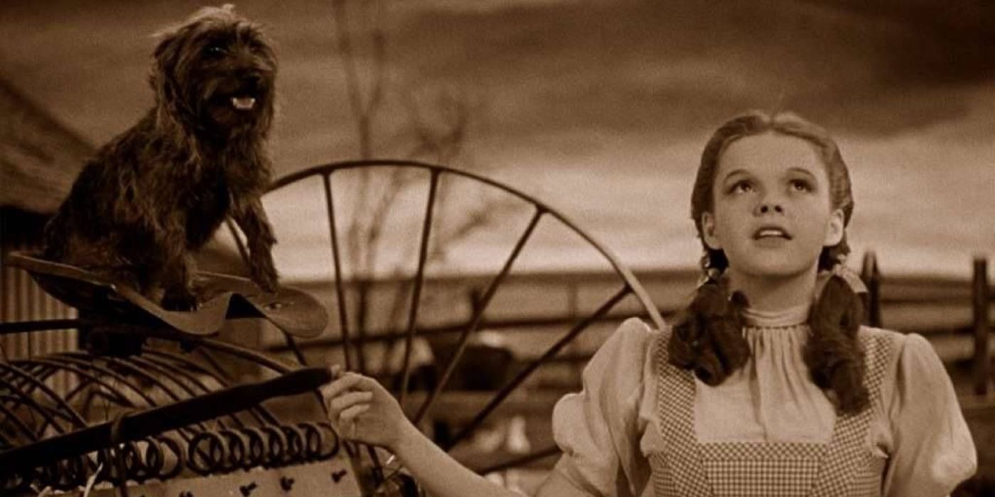 Dorothy sings while Toto sits on a wagon wheel in The Wizard of Oz