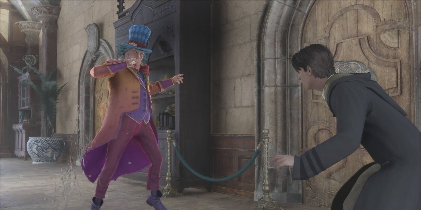 Peeves faces off with a student in Hogwarts Legacy