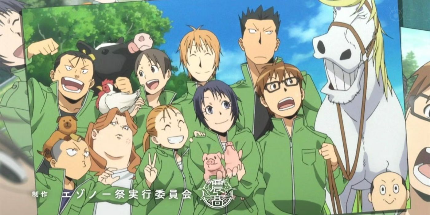 A photo card of the Silver Spoon characters standing together in matching green outfits next to a horse.