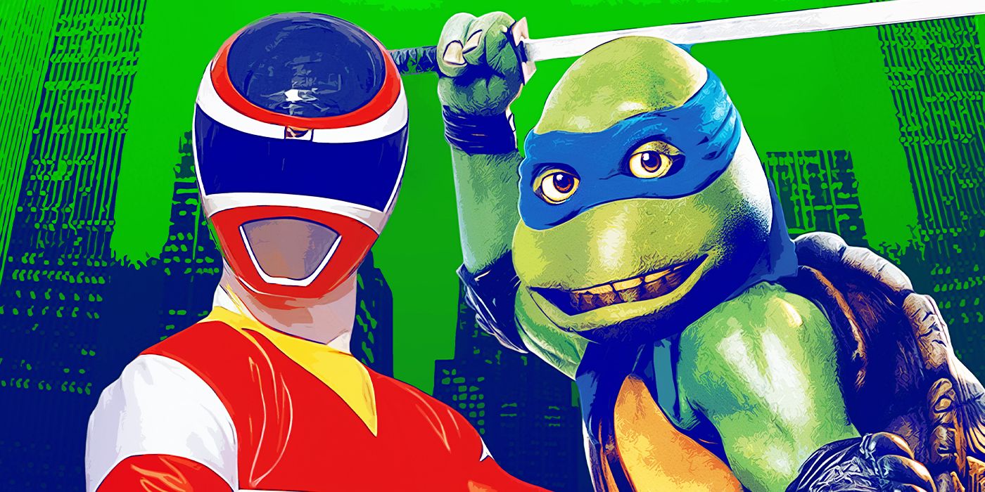 The Red power Ranger and Leonardo of the Teenage mutant ninja turtles with a green background
