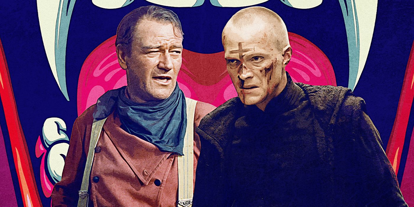 A custom image of John Wayne in The Searchers and Paul Bettany in Priest against a vampire background