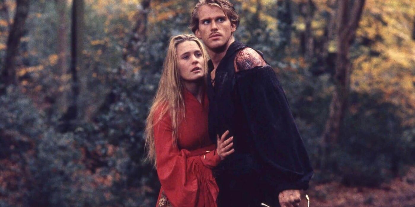 A wounded Wesley protects Buttercup with a sword in the forest in The Princess Bride