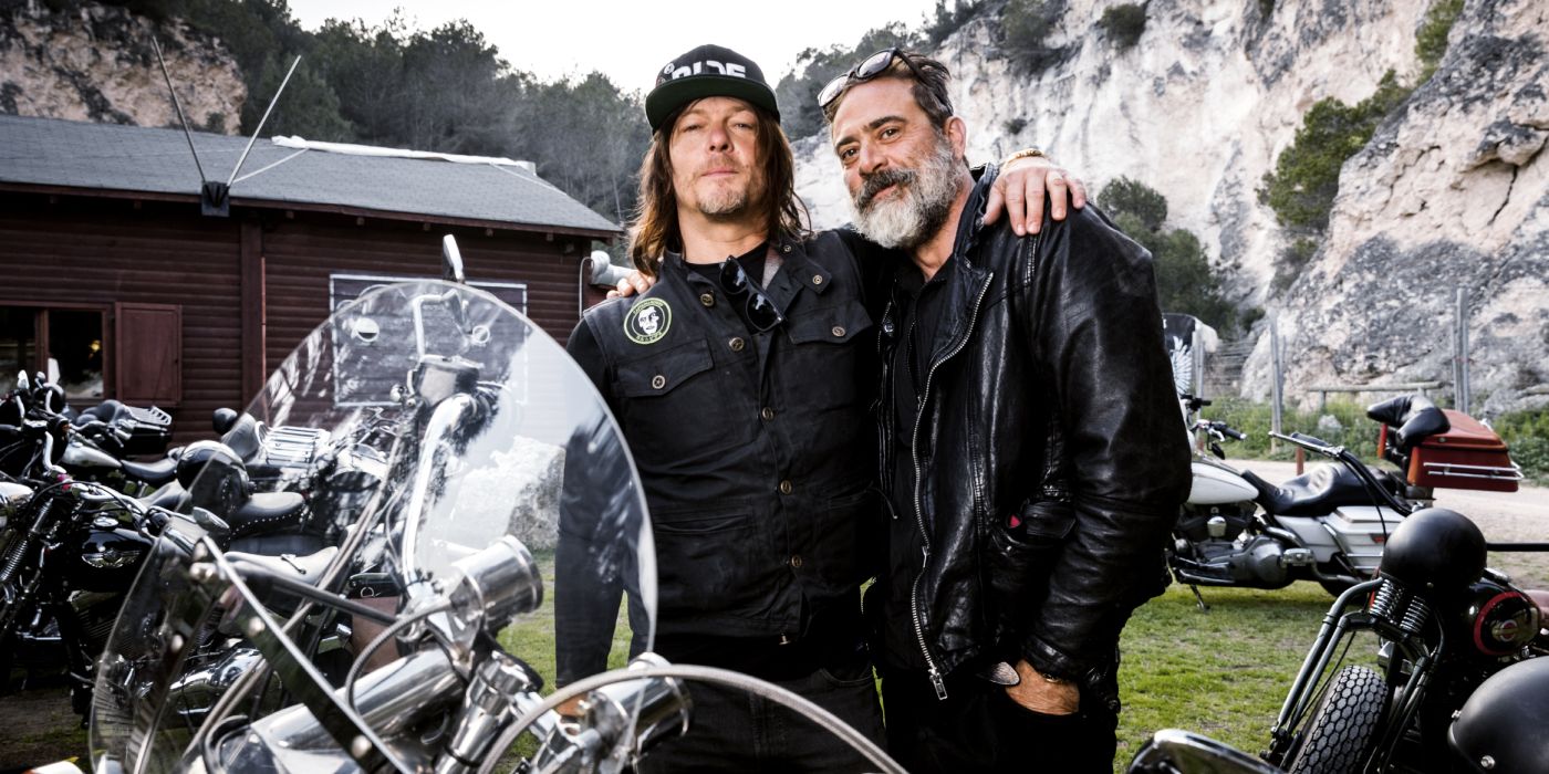 Norman Reedus and Jeffrey Dean Morgan stand side by side behind their motorbikes for 'Ride with Norman Reedus' (2016-)