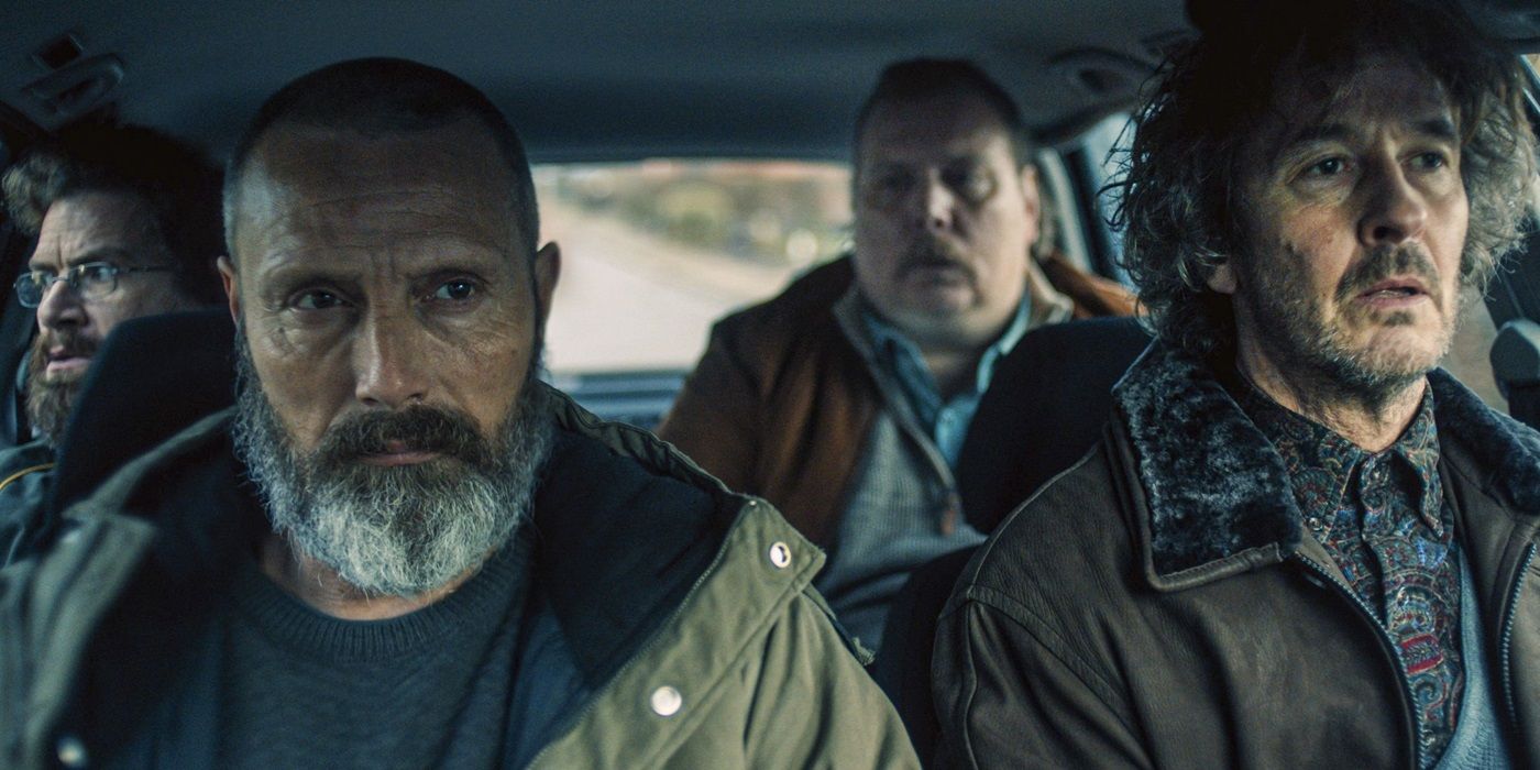 Mads Mikkelsen as Markus, Nicolas Bro as Emmenthaler, Nikolaj Lie Kaas as Otto, Lars Brygmann as Lennart sitting in a car in Riders of Justice