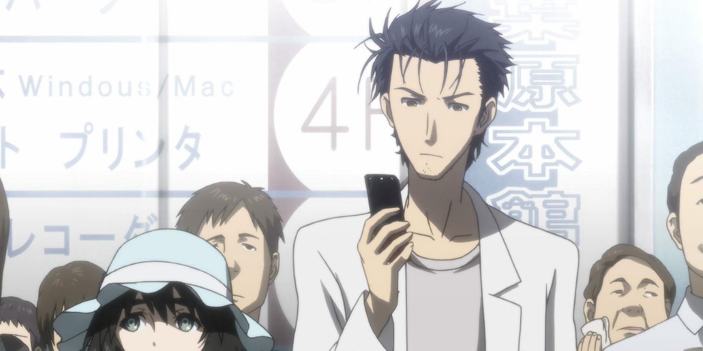 Rintaro stands on the subway with Mayuri while on his phone in Steins;Gate