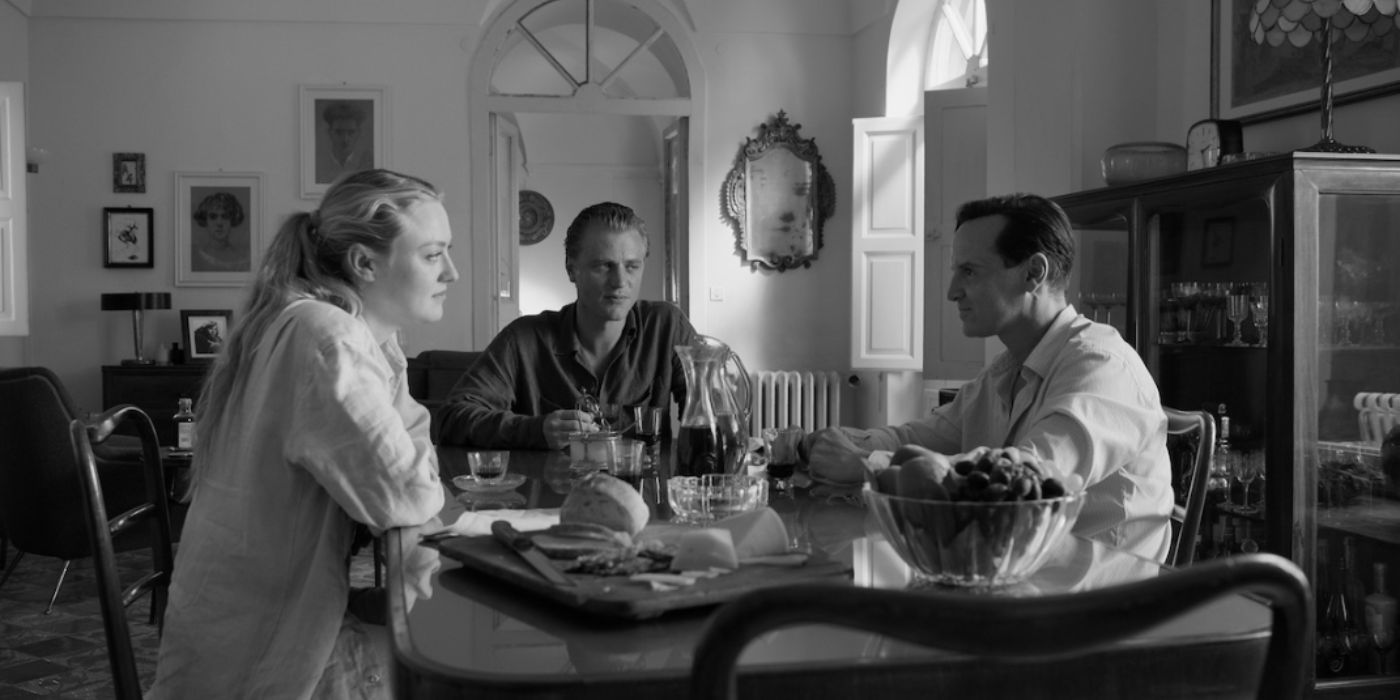 The main cast sit around a dinning room table and look at each other in Ripley.