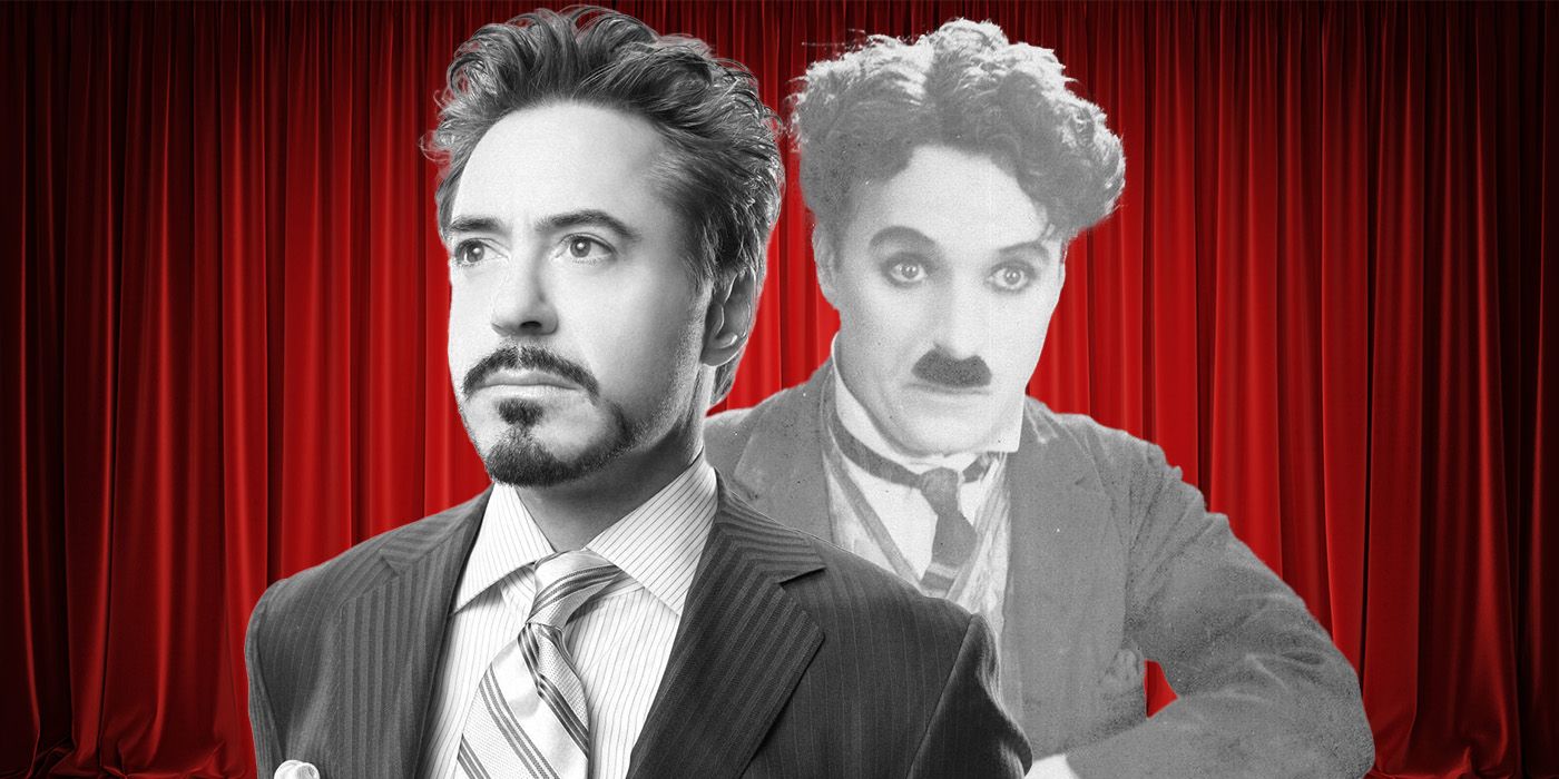 Custom image of Robert Downey Jr and Charlie Chaplin against a red curtain as background