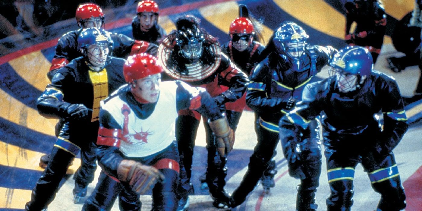 A group of participants skate around the arena in John McTiernan's Rollerball