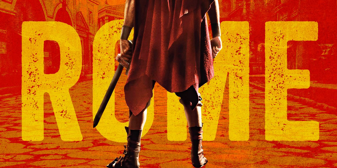 Custom image of roman solider standing against a red background in front of the word 