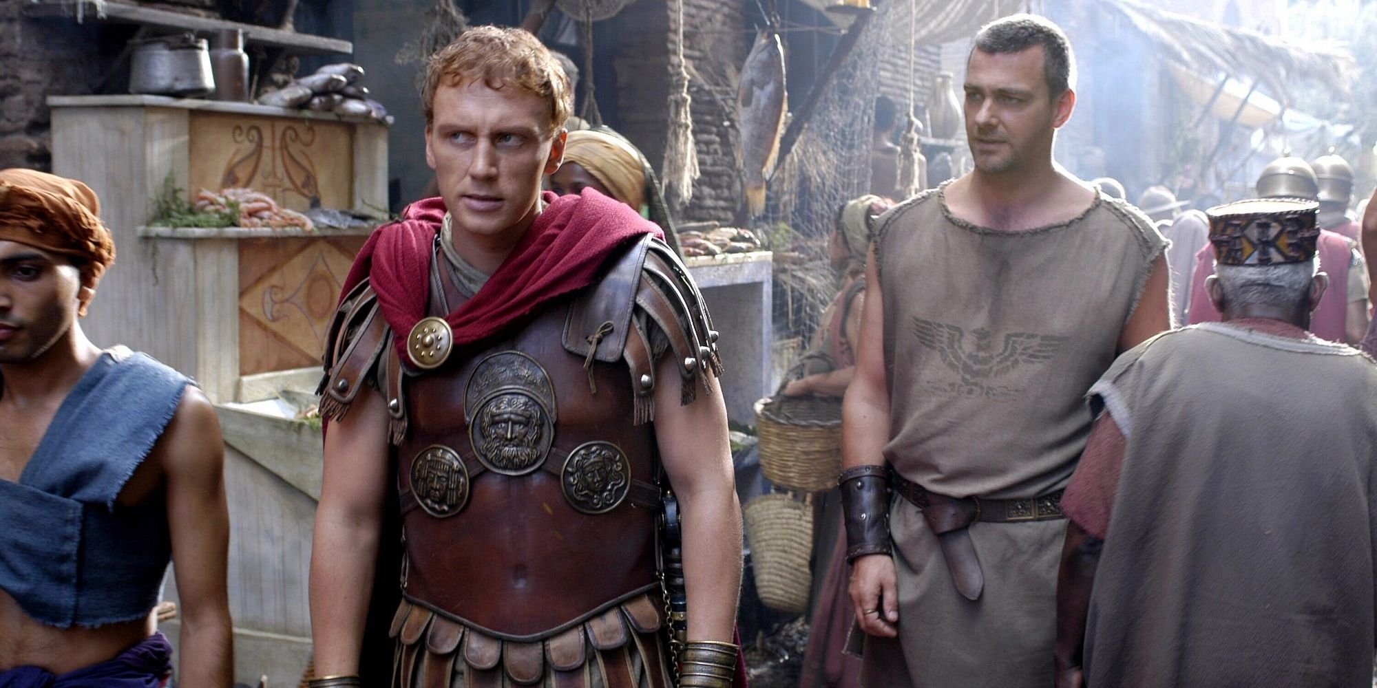 Ray Stevenson as Titus and Kevin McKidd as Lucius walking through a market square in 'Rome'