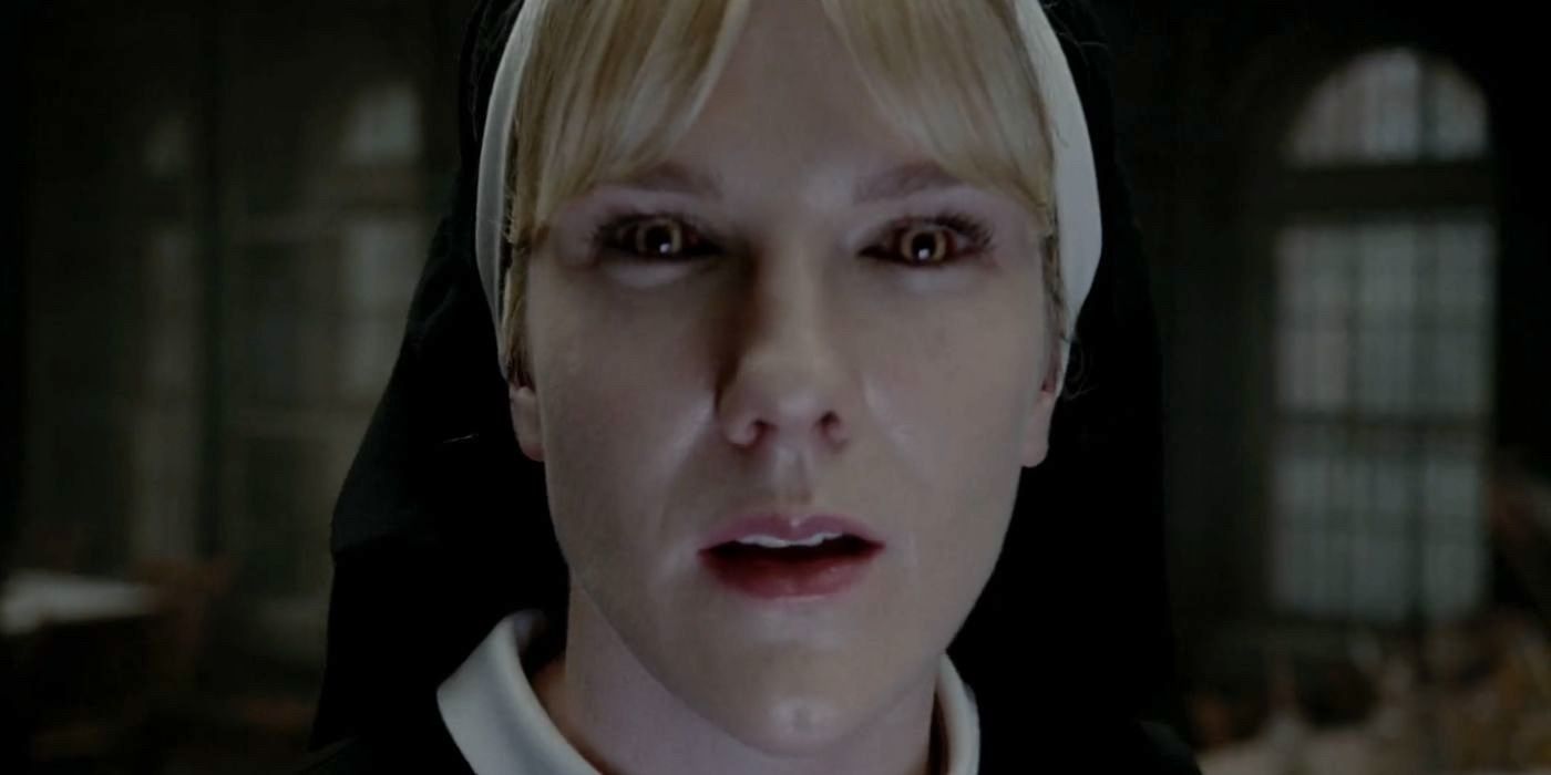 Lily Rabe as Sister Mary Eunice, is looking at the camera while possessed in 'American Horror Story: Asylum'