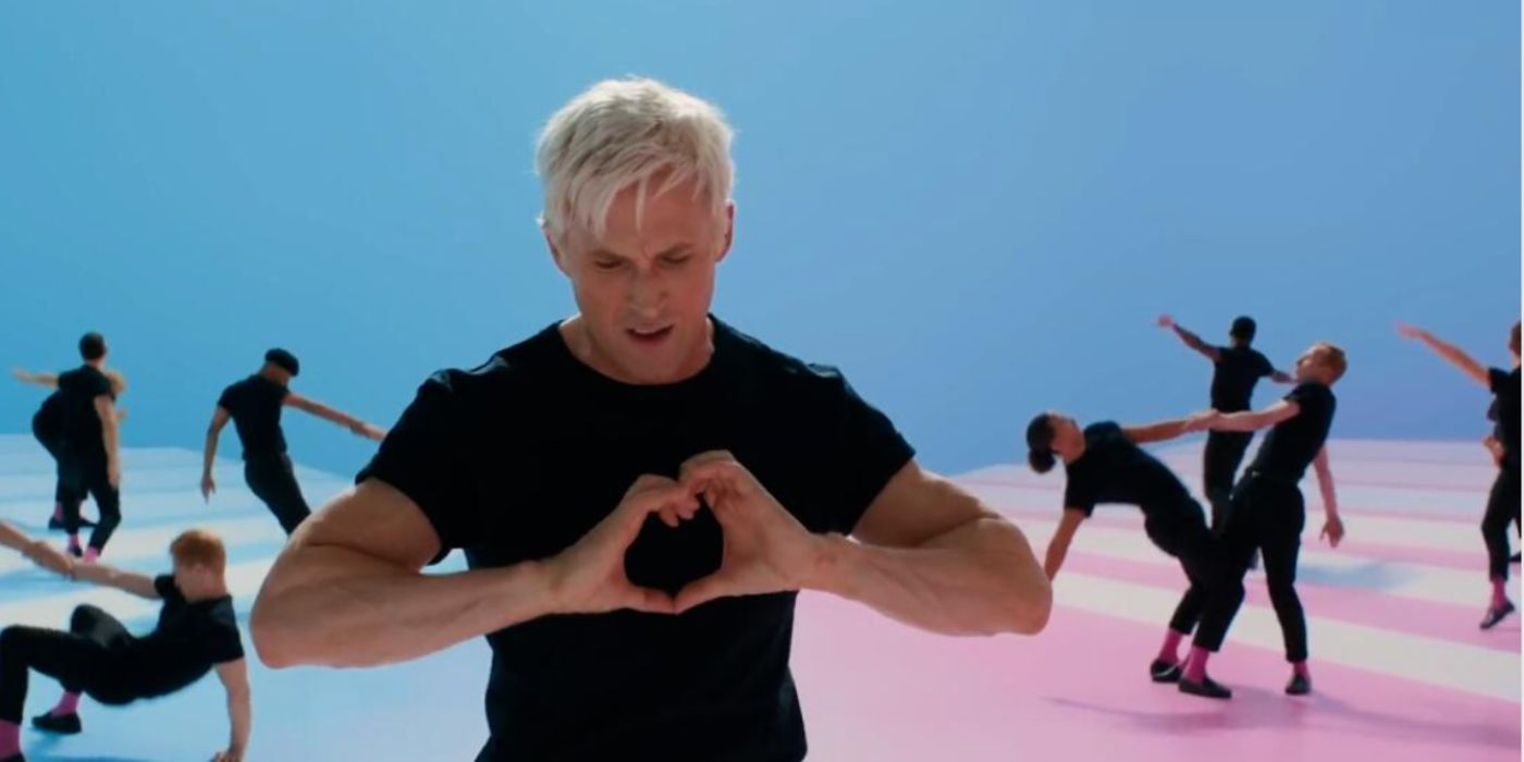 Ken doing a heart sign with his hands during "I'm Just Ken" in 'Barbie'