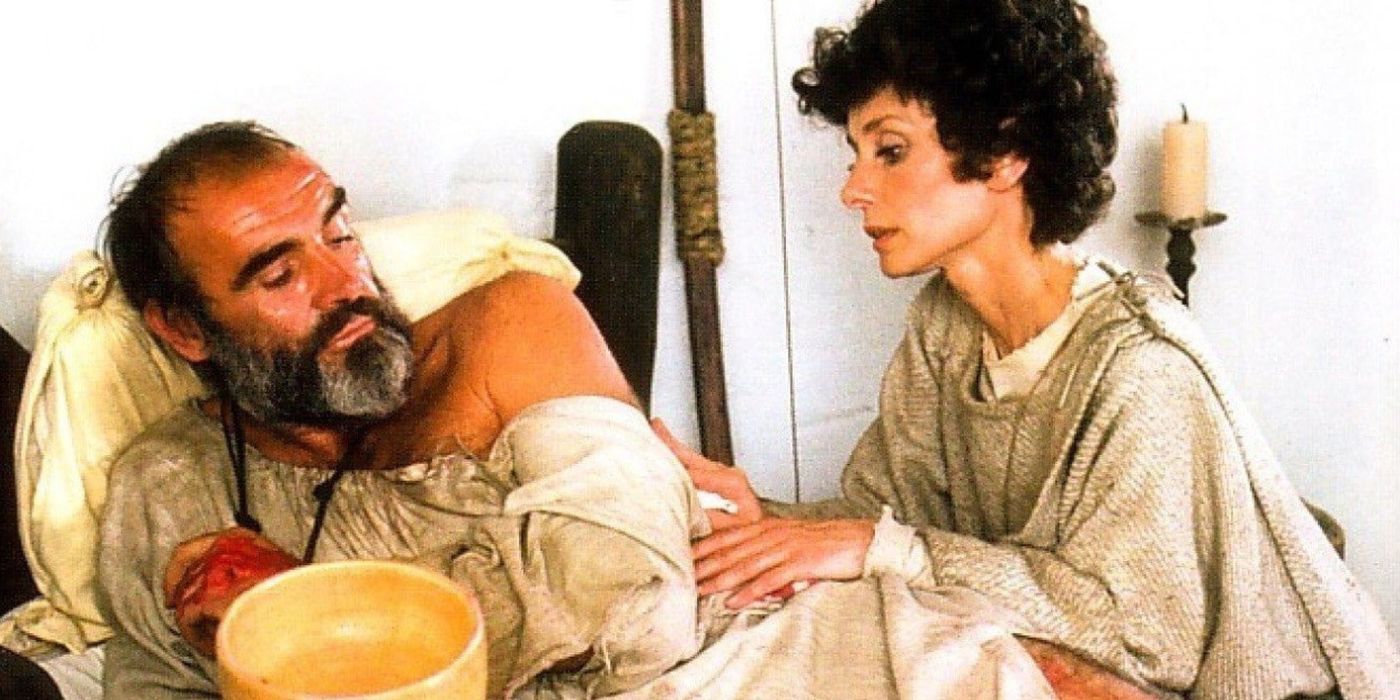 Audrey Hepburn as Marian tending to a wounded Robin (Sean Connery) in Robin and Marian.