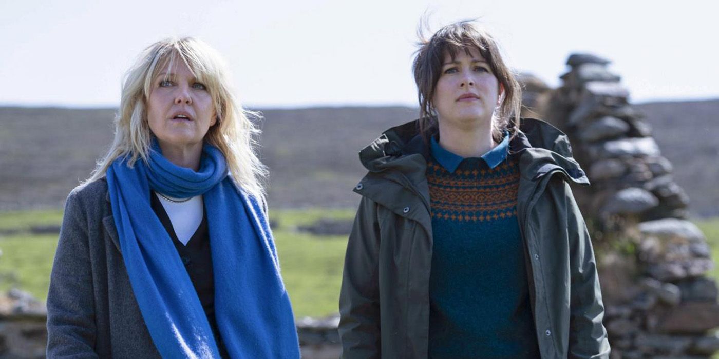 Ashley Jensen and Alison O'Donnell standing outside in Shetland Season 8