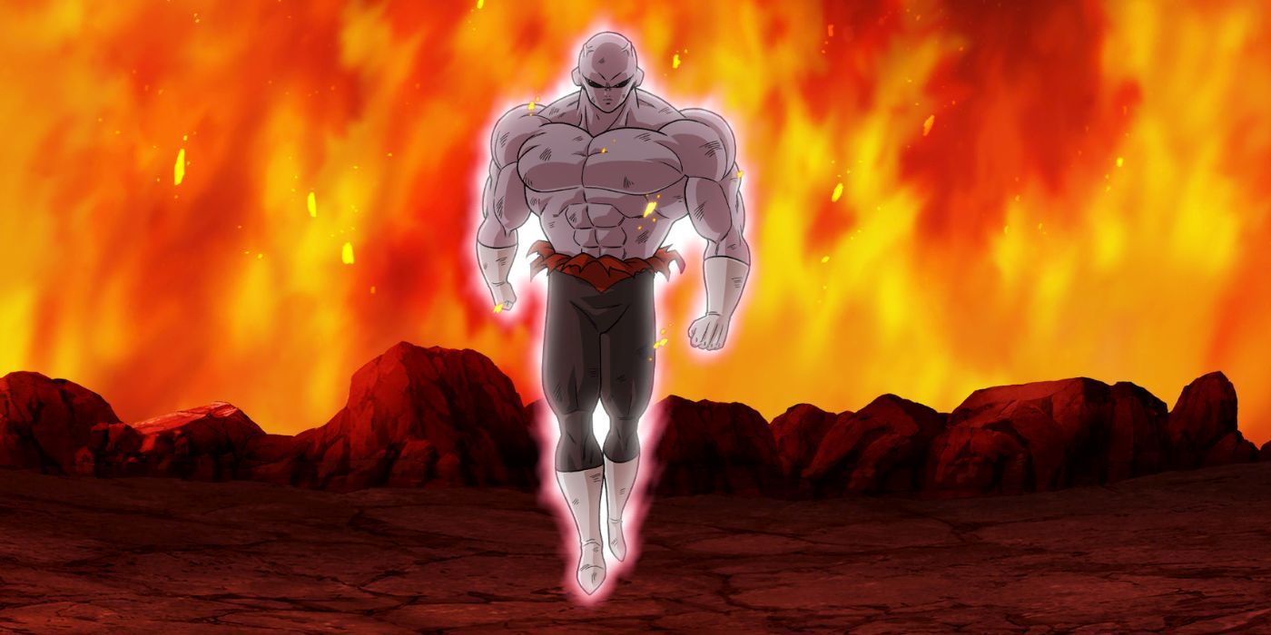 Shirtless Jiren floating in a flaming arena in Dragon Ball Super