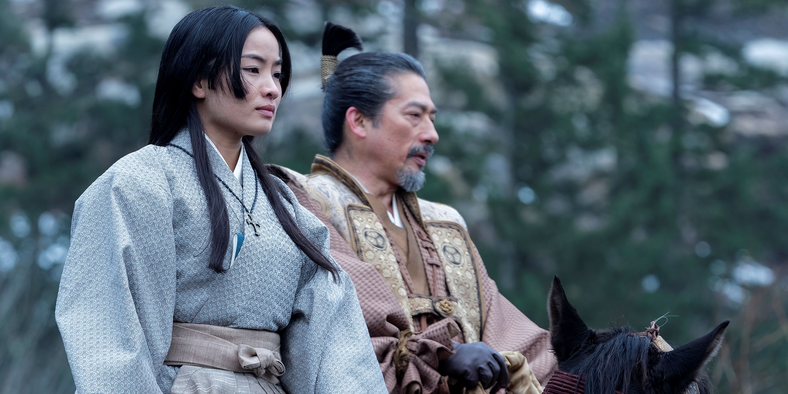 Anna Sawai as Mariko wearing a kimono alongside Hiroyuki Sanada in Episode 5 of Shogun