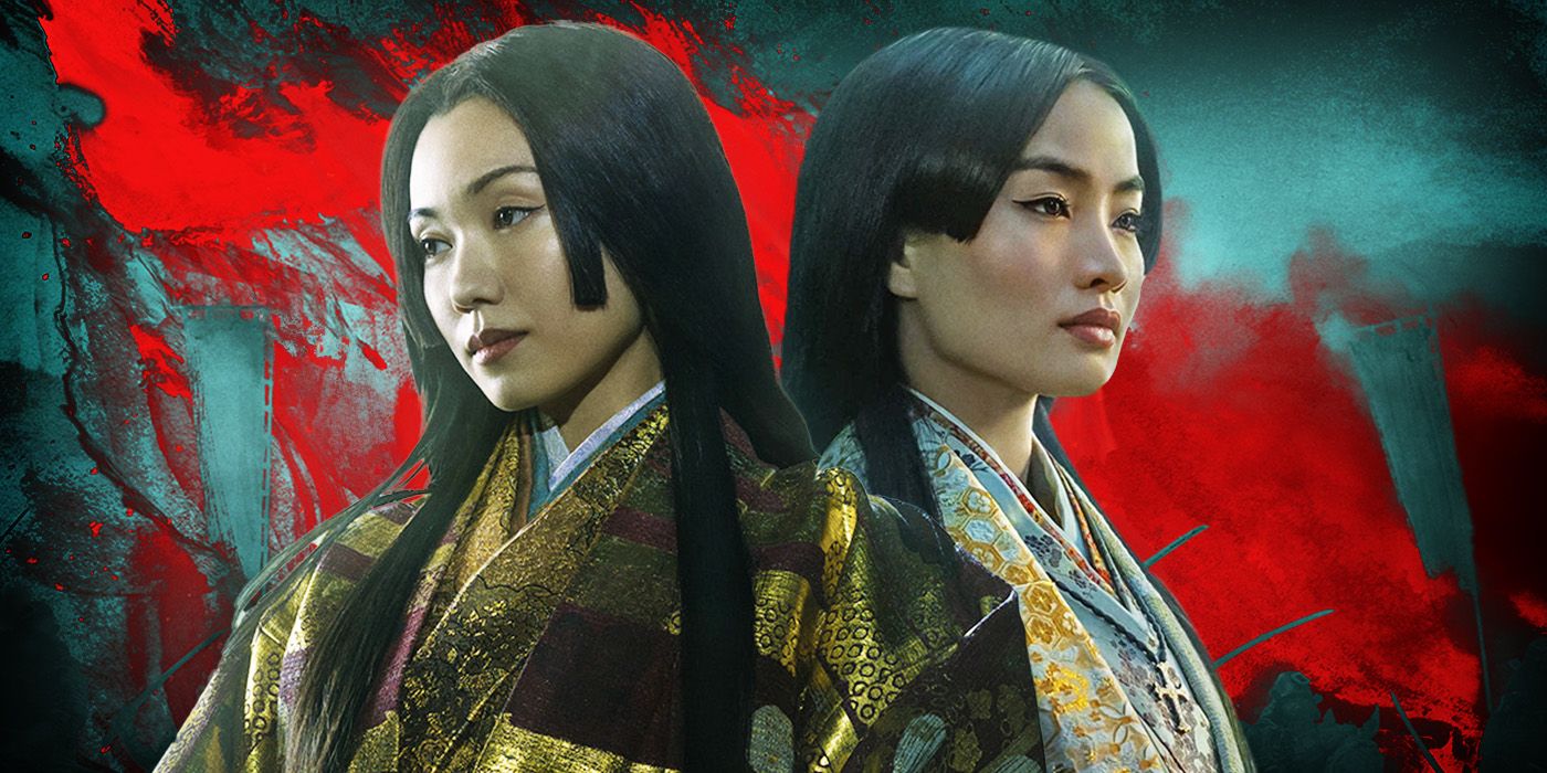 A custom image of Lady Mariko facing the right and Lady Ochiba facing the left with the Shogun red and green imagery behind them