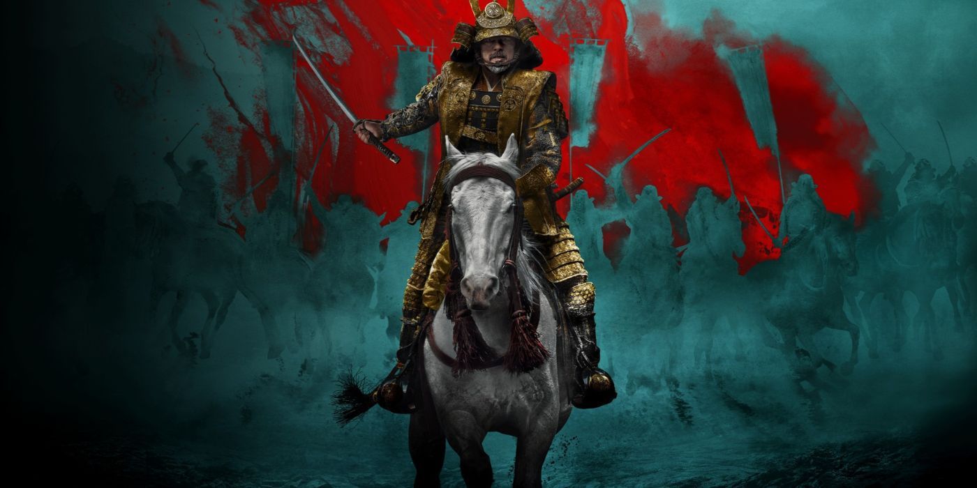 Promotional image for 'Shogun' showing a samurai riding a horse