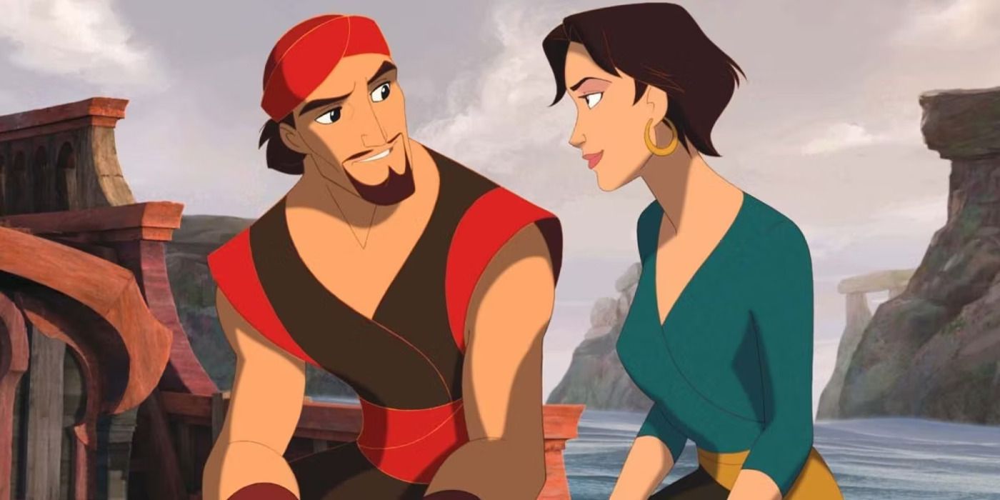 Sinbad and Marina sit on a ship and talk in the animated film Sinbad: Legend of the Seven Seas.