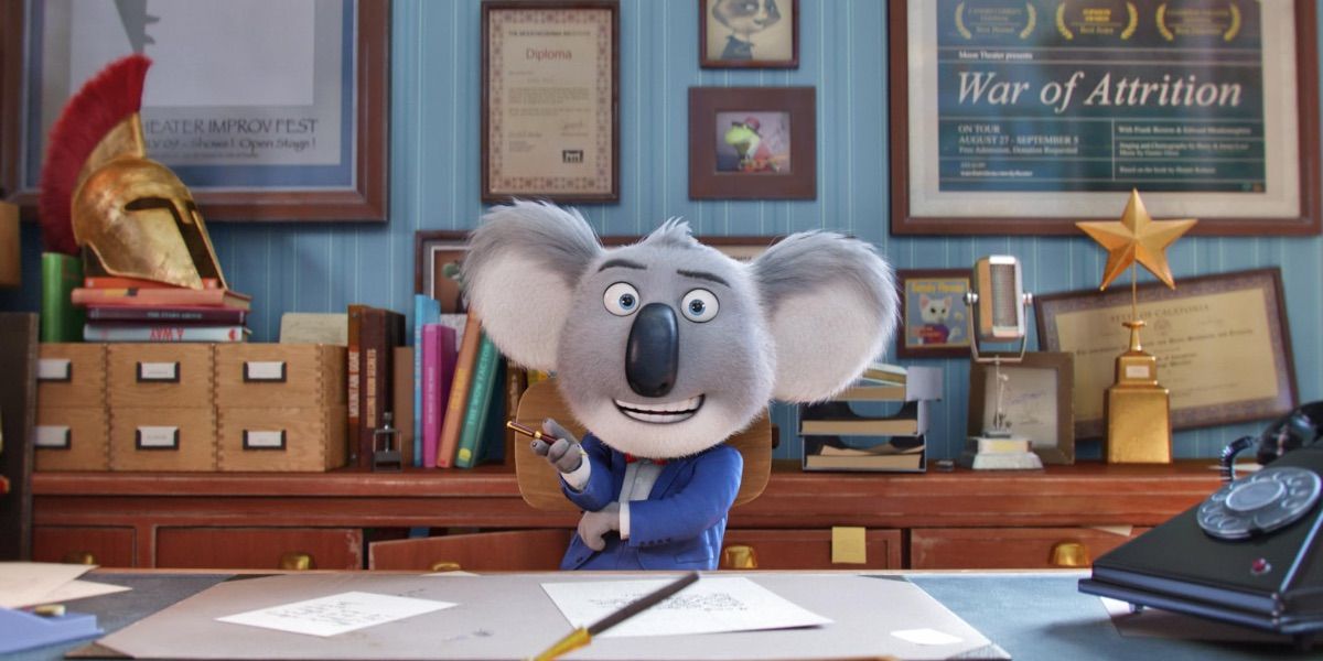 Buster Moon sits at his desk in 'Sing" (Universal, 2016)