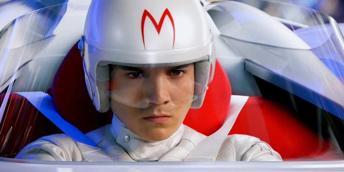 Speed in his car looking determined in Speed Racer